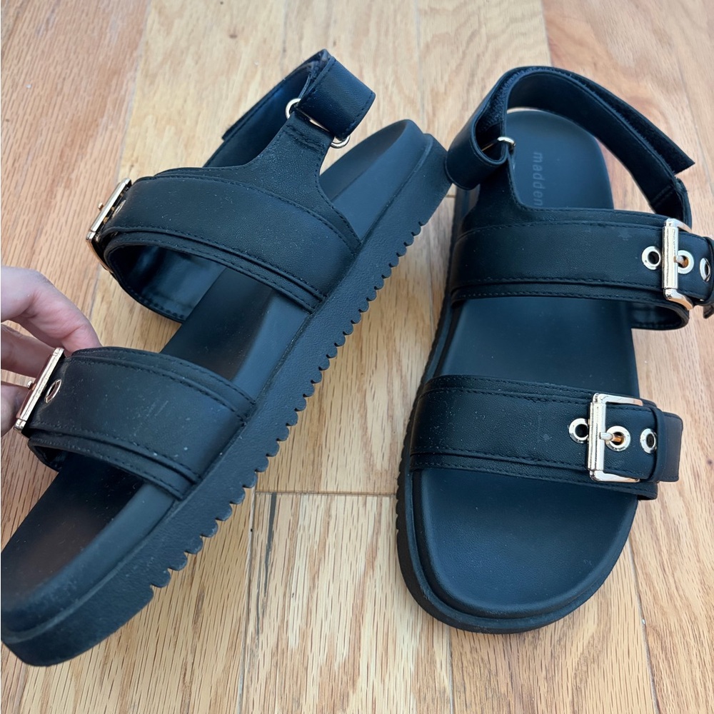 Madden Girl Black Double-Buckle Slide Sandals - Picture 2 of 3